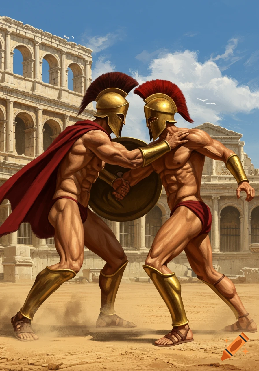 Two Spartan warriors in helmets and loincloths wrestling in a sandy arena with ancient ruins in the background.