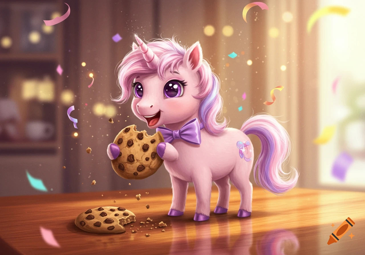A cute pink unicorn with a purple bow tie happily eats a chocolate chip cookie on a wooden table, with confetti falling.