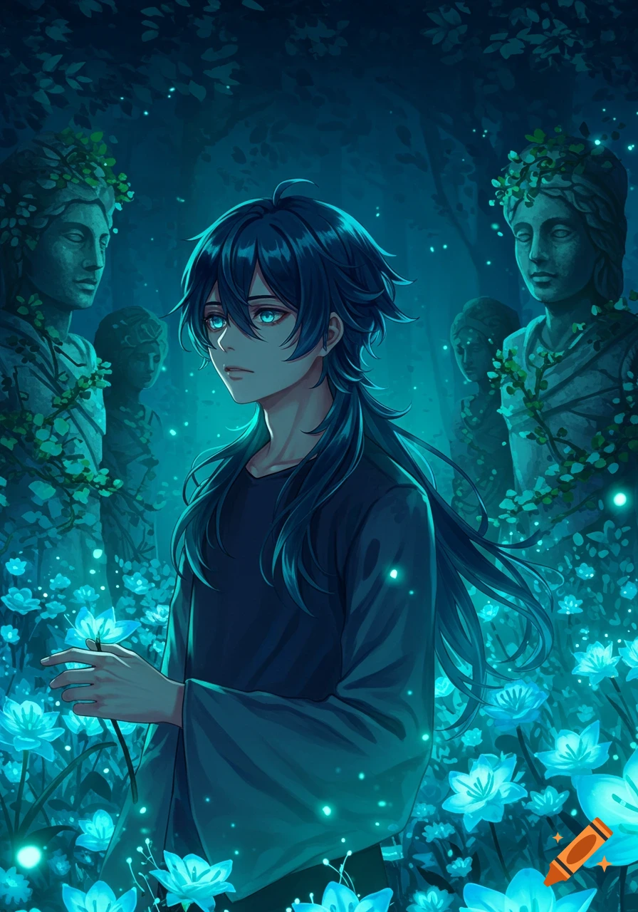 An anime boy with dark blue hair stands in a glowing teal forest with ancient statues and luminous blue flowers.