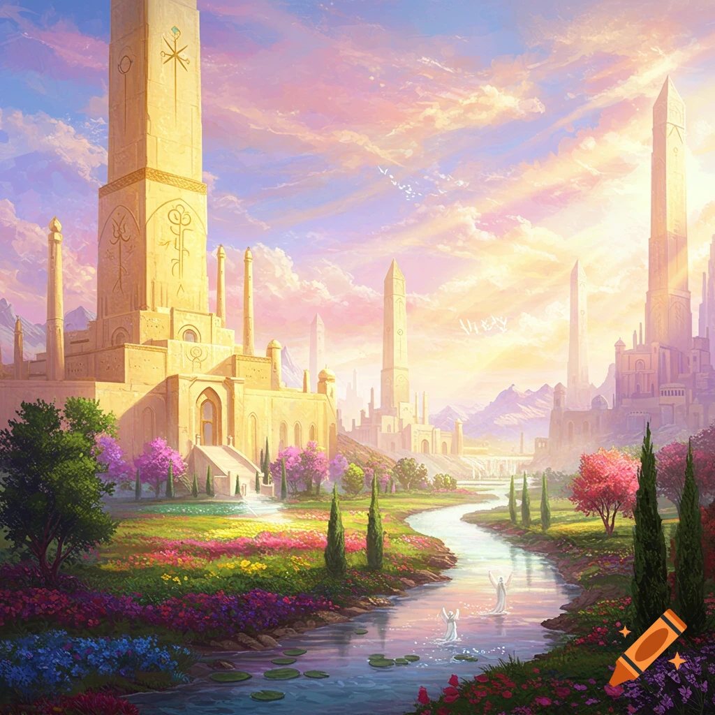 A vibrant fantasy landscape depicting a kingdom with golden towers, a winding river, and colorful flowers under a pastel sky.