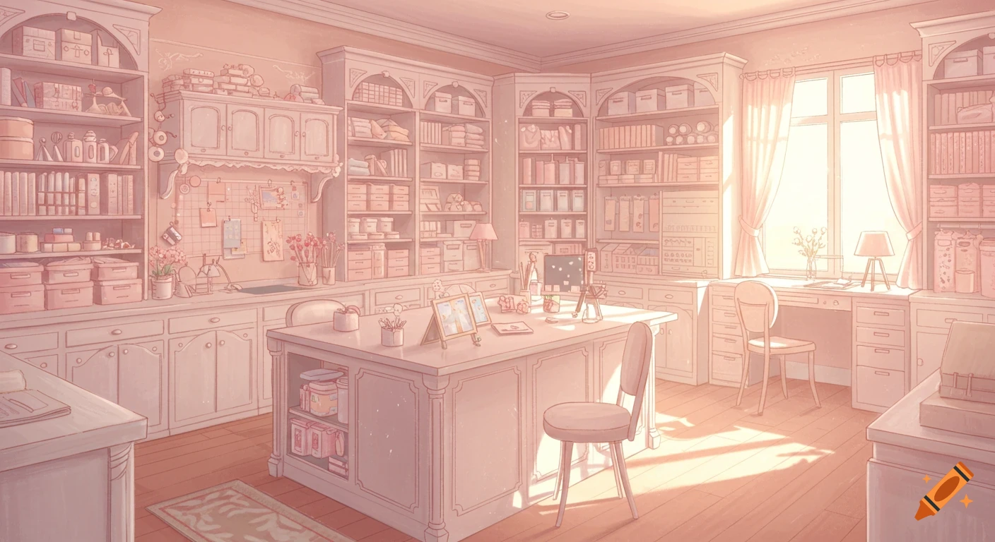 A pastel pink craft studio with an island, wall-lining shelves filled with supplies, a desk by a sunlit window, and an organized, cozy atmosphere in an anime style.
