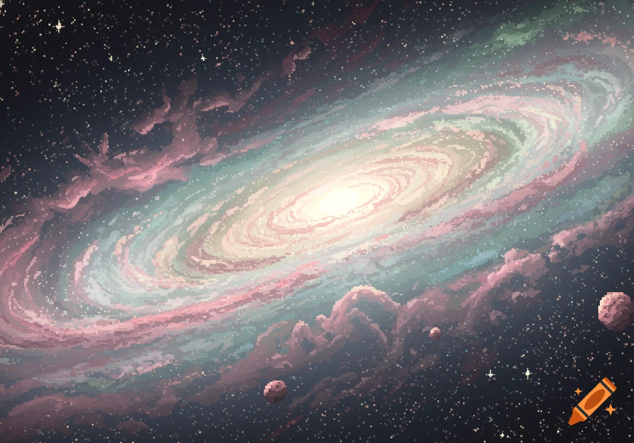 A vibrant pixelated galaxy with swirling pink, blue, and white light, nebulae, and small asteroids in a starry sky.