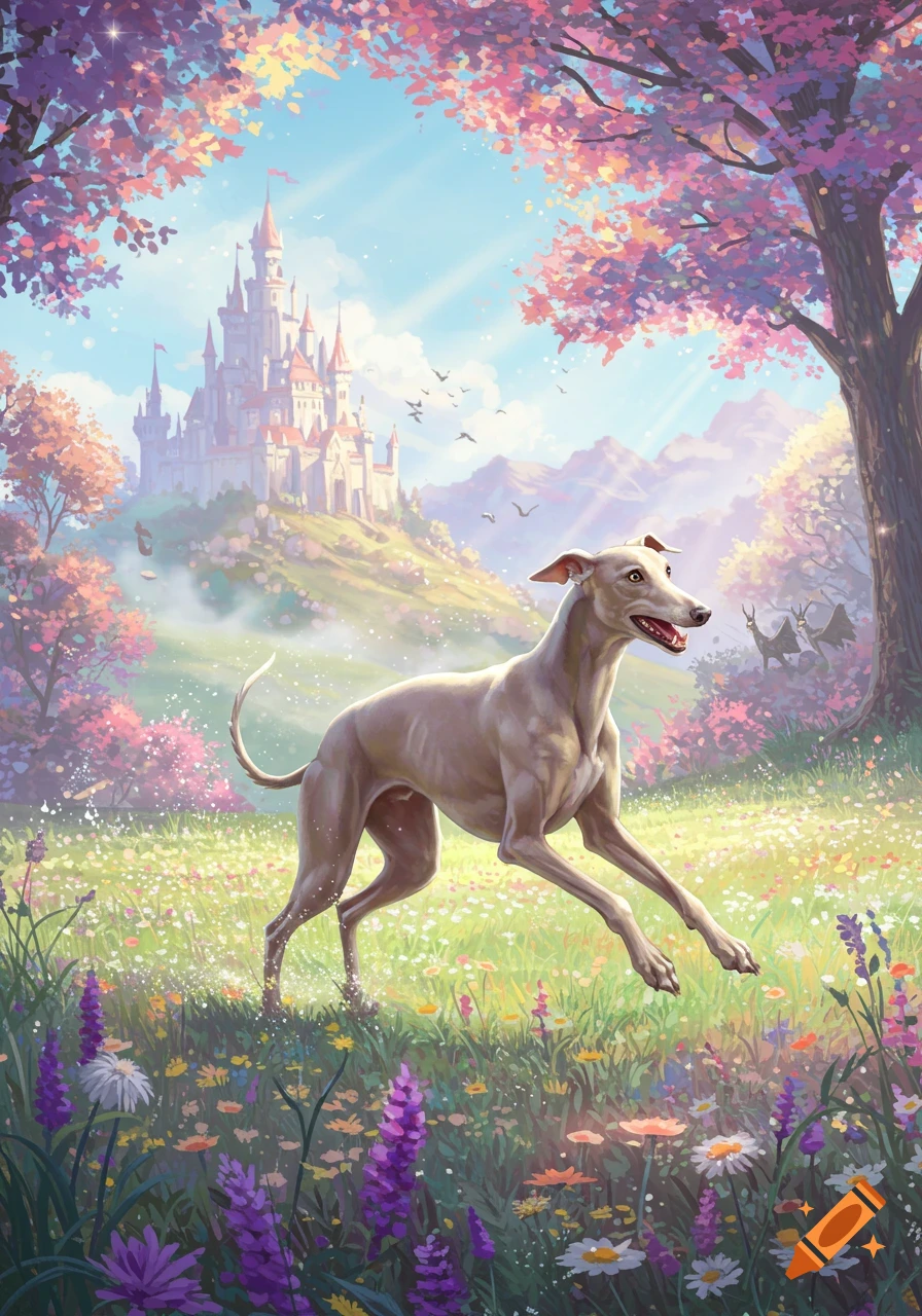 A happy greyhound dog running through a field of wildflowers with a fantasy castle and blossoming trees in the background, in a vibrant illustration style.