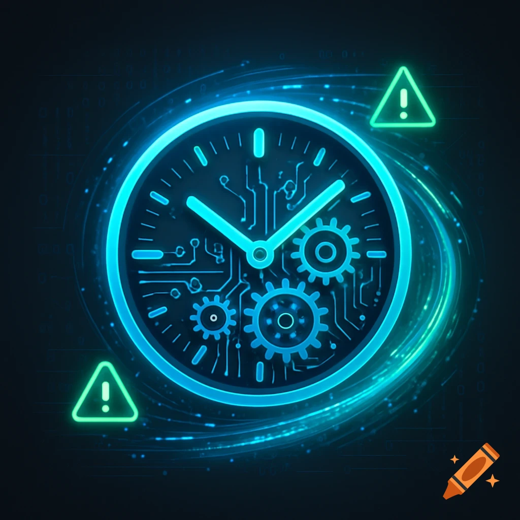 A glowing blue digital clock icon with circuit board patterns inside, surrounded by swirling blue and green light trails. Two green triangular warning symbols with exclamation marks appear in the corners on a dark background.
