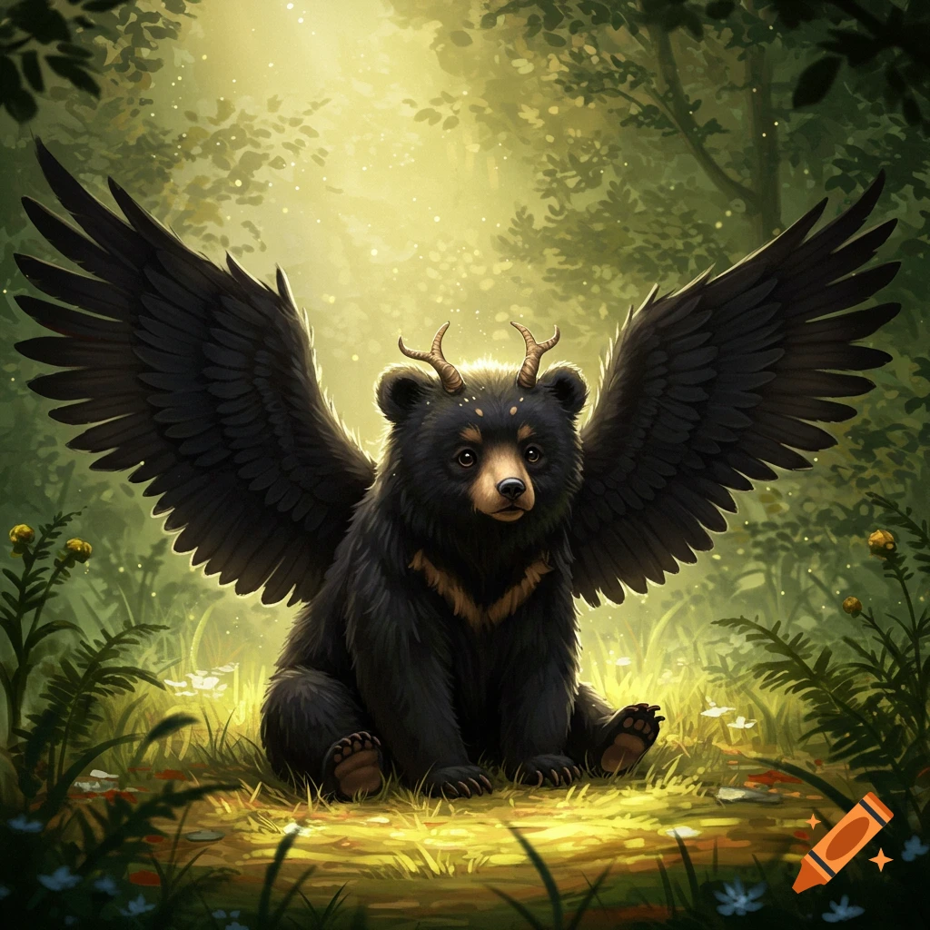 A cute baby black bear creature with large black wings and small horns sits in a magical, sunlit forest clearing.