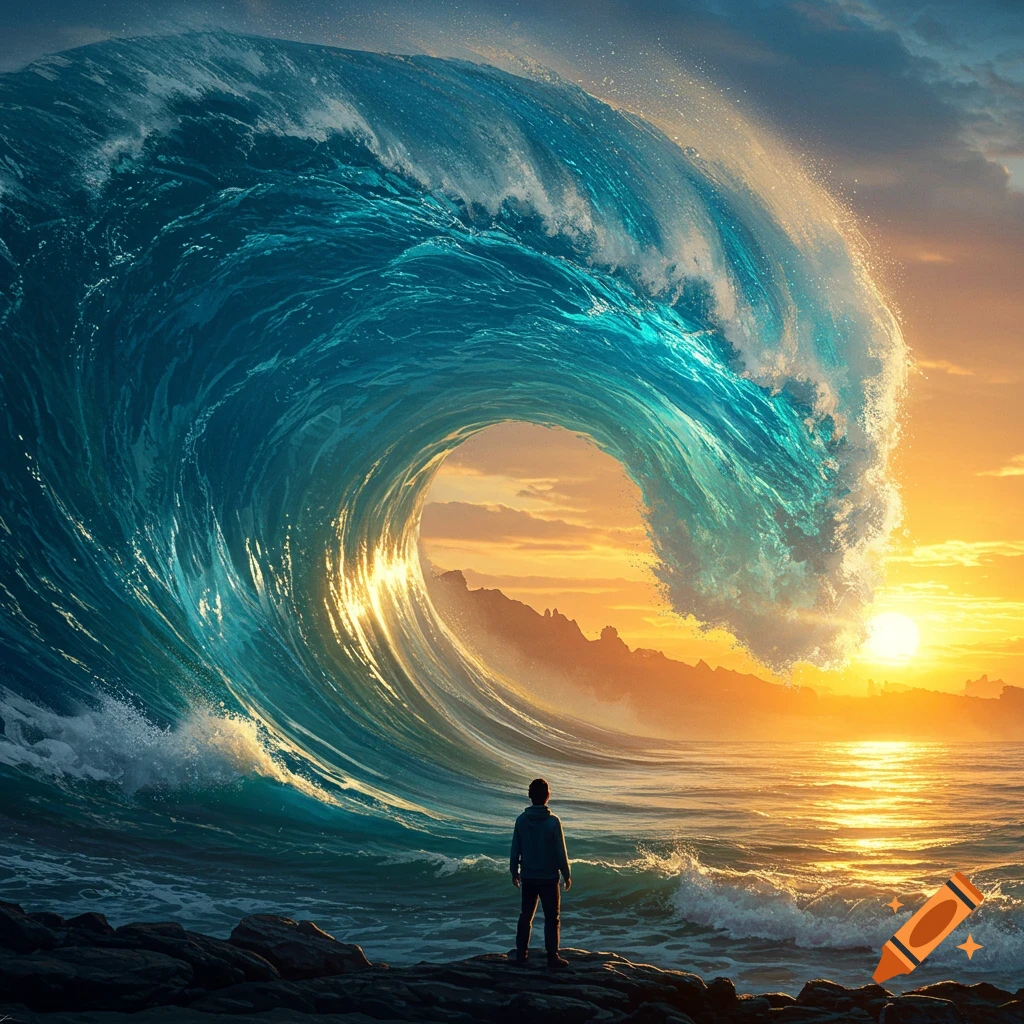 A lone person stands on rocks, gazing at a colossal blue wave curling under a vibrant orange sunset over the ocean.