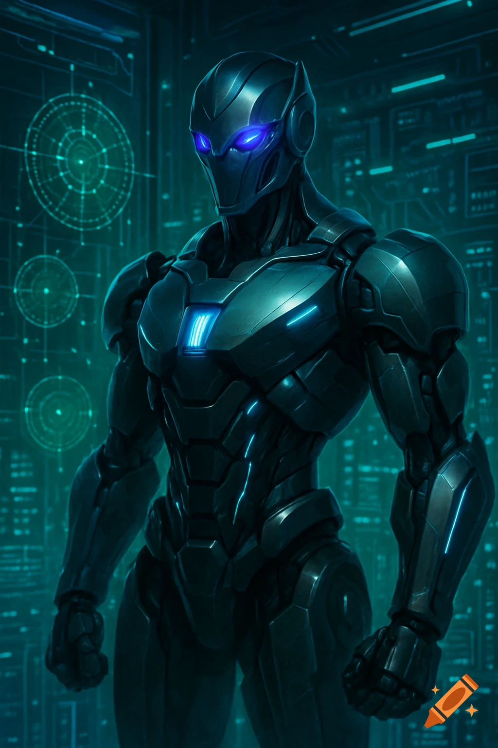 A dark metallic robot with glowing blue eyes and chest stands against a futuristic blue circuit board background.