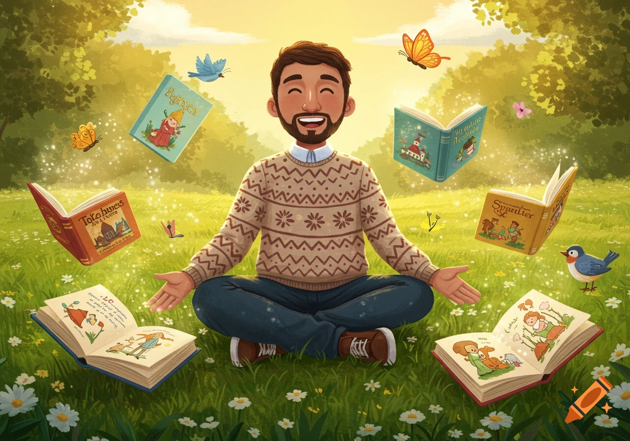 A man with a beard sits cross-legged in a sunlit field of flowers, surrounded by floating, magical books, butterflies, and birds. Stylized illustration.