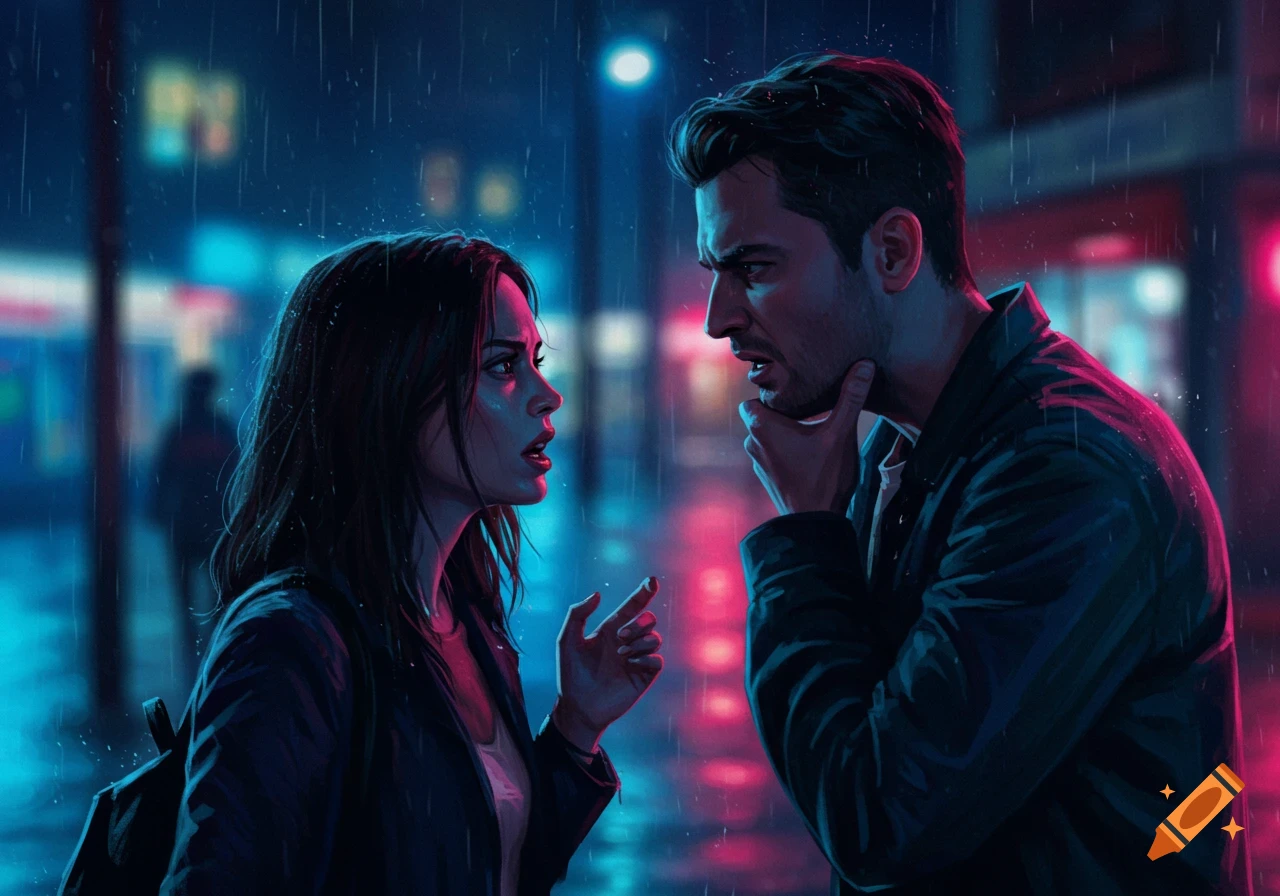 Two people, a man and a woman, argue on a neon-lit, rainy city street at night in a digital art style.