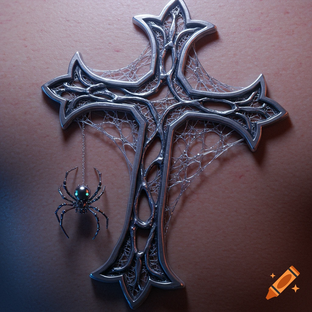 A detailed metallic cross covered in spiderwebs with a spider hanging from it on a skin-toned background.