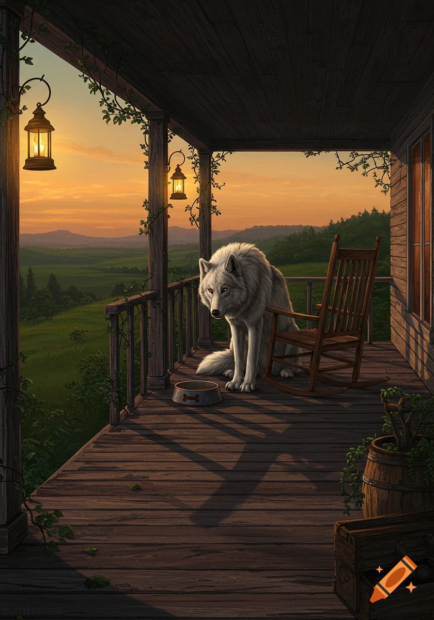 A white wolf sits on a wooden porch at sunset, looking at a dog bowl next to a rocking chair.
