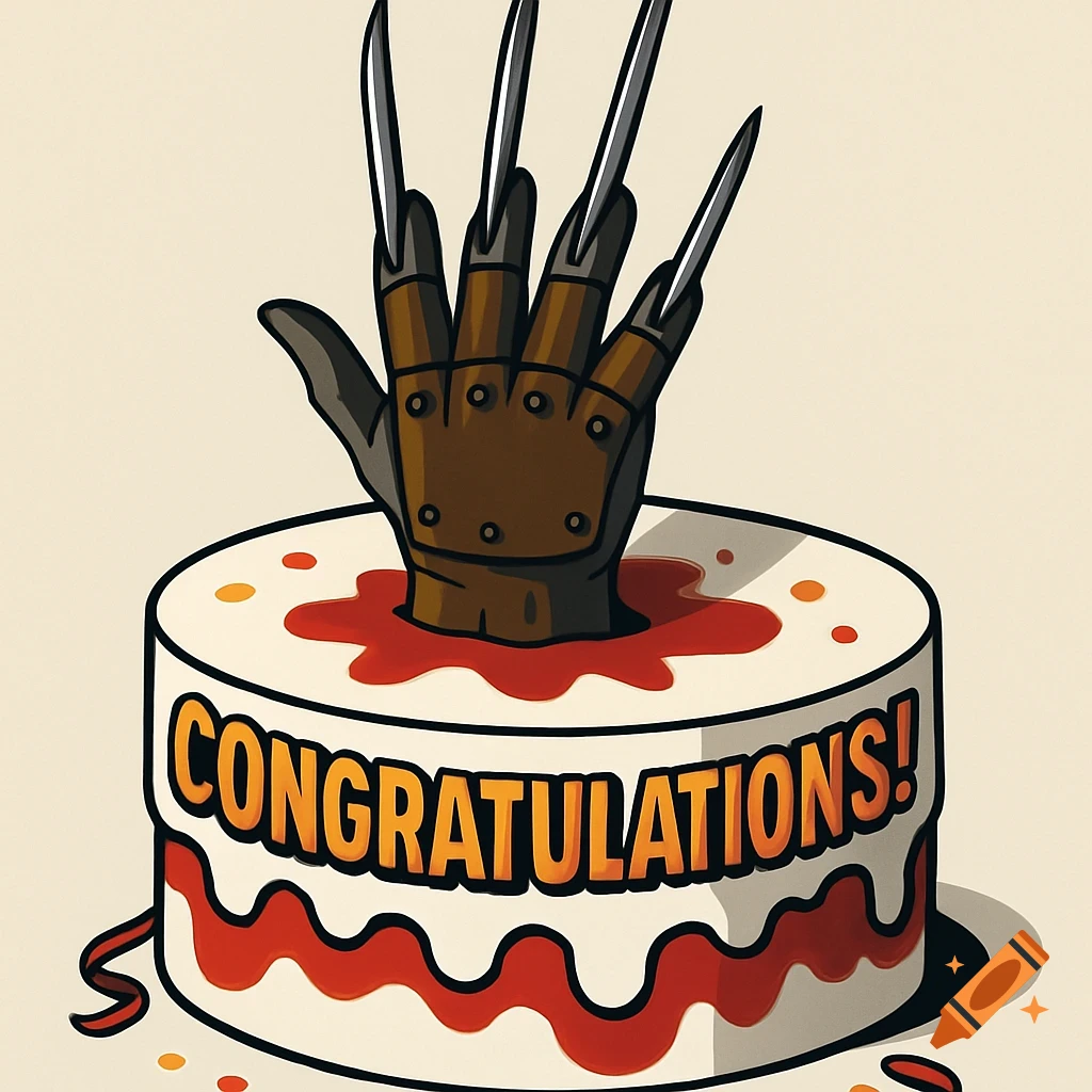 A cartoon illustration of Freddy Krueger's gloved hand emerging from a white cake with red icing and sprinkles, with the word "CONGRATULATIONS!" written on its side.