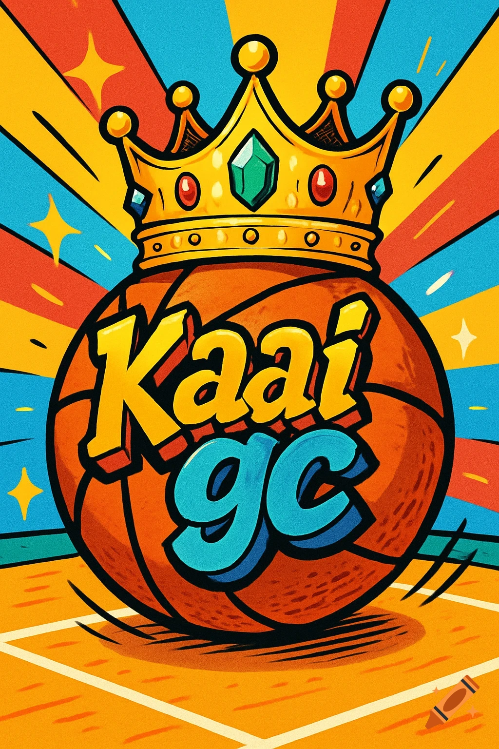 A cartoon basketball with a golden crown on top, featuring the text "Kaai gc," set against a vibrant, striped background.