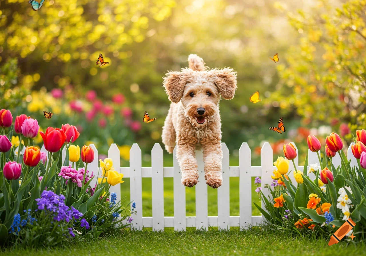 A cute terripoo dog jumps over a white picket fence in a sunny garden filled with colorful tulips and butterflies.