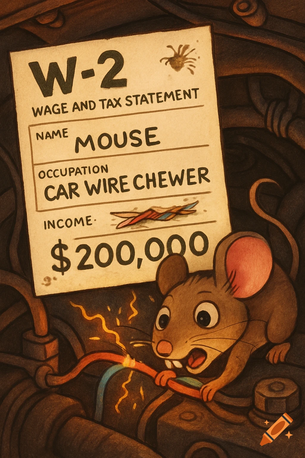 A cartoon mouse chews a wire in a car engine with a W-2 form showing its occupation as 'Car Wire Chewer' and $200k income.