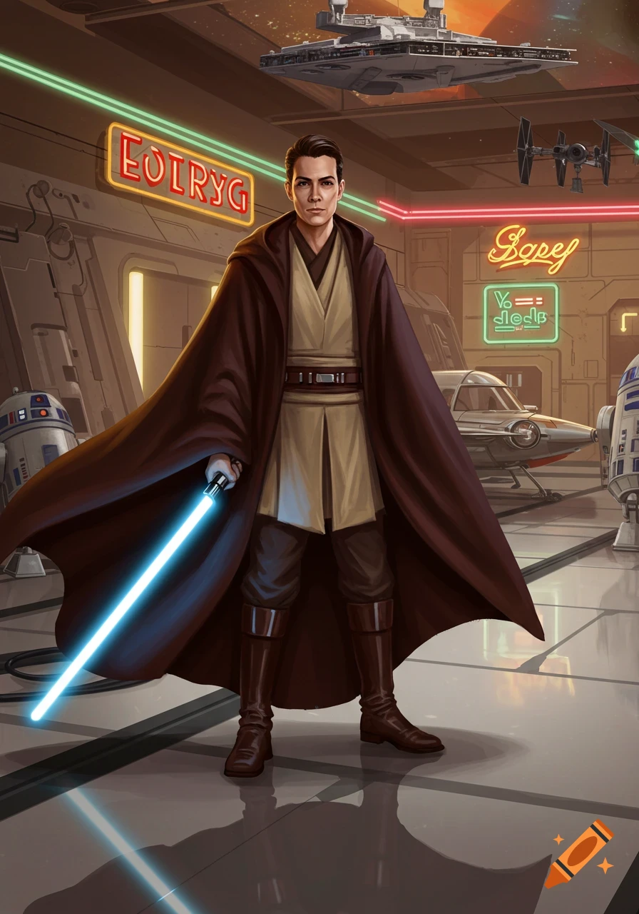 A Jedi Knight in brown robes stands with a blue lightsaber in a futuristic hangar, with R2-D2, a spaceship, and Tie Fighters in the background.