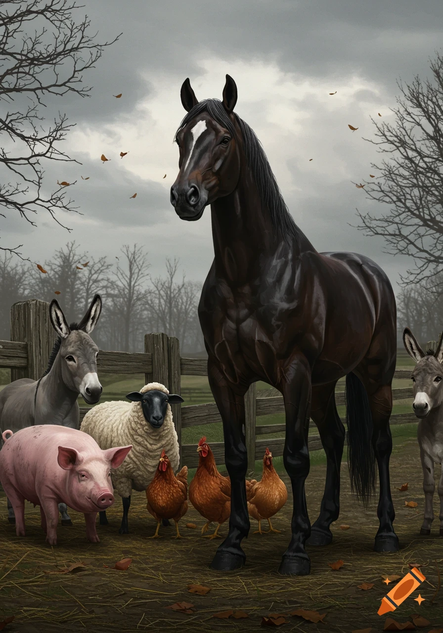 A large dark horse stands among a pig, sheep, donkeys, and chickens in a somber farm setting under a cloudy sky.