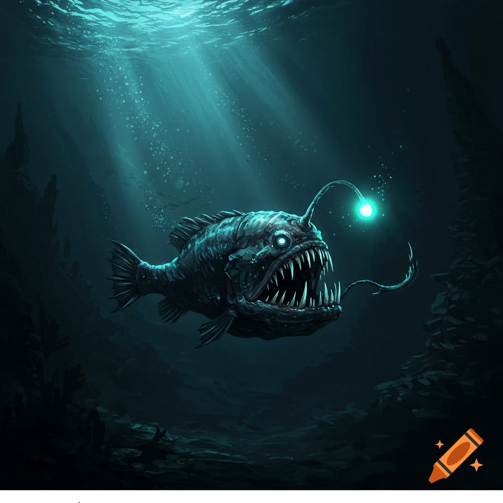 A menacing deep-sea anglerfish with a glowing lure swims in dark blue water illuminated by light rays from above.