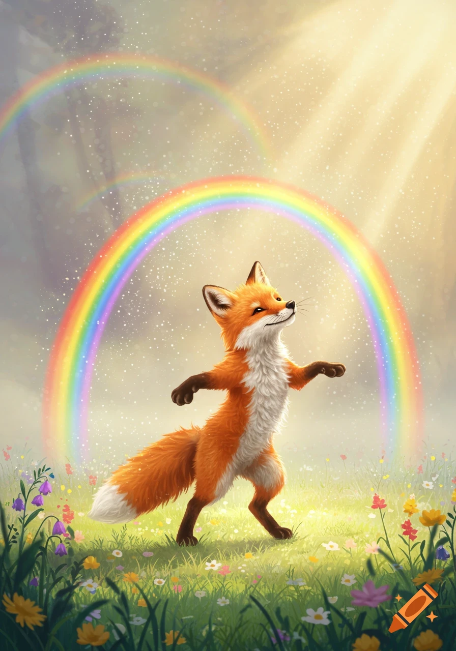 A cute red fox stands in a vibrant green meadow filled with colorful wildflowers, looking up at two bright rainbows and sunbeams.