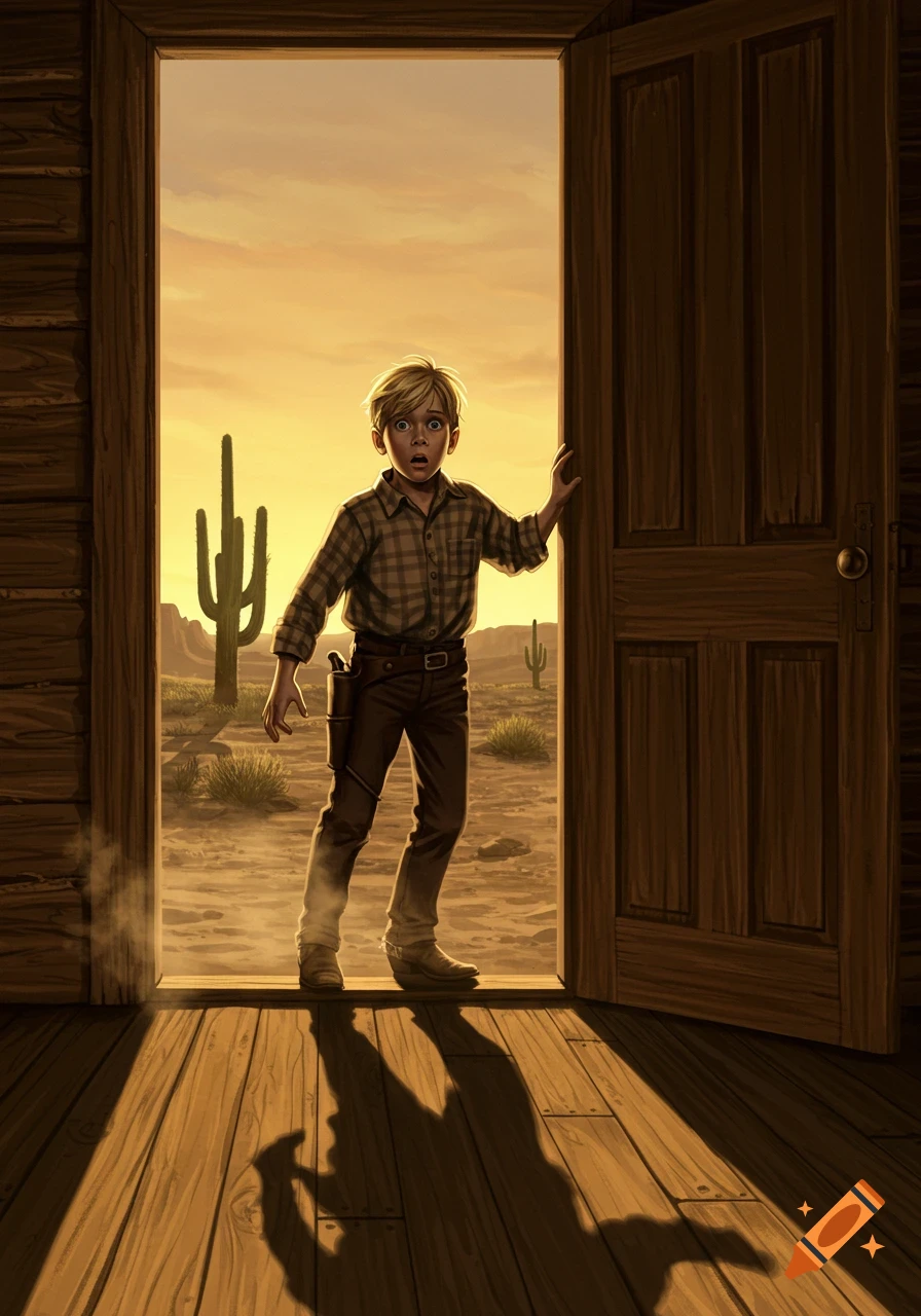 Illustration of a surprised boy standing in the doorway of a wooden house, looking out into a desert sunset with cacti.