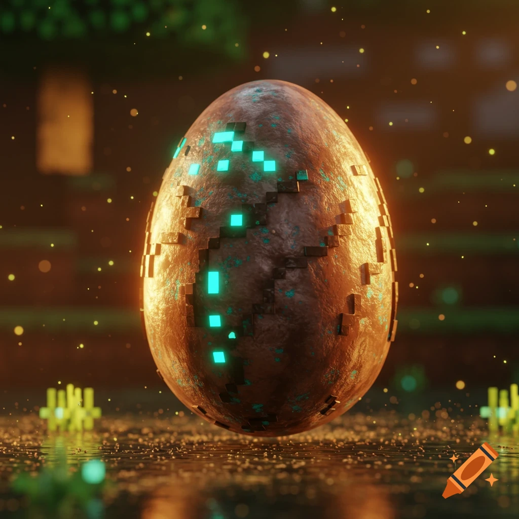 A digital art rendering of a glowing, textured brown egg with cyan pixelated patterns, resembling a Minecraft spawn egg.