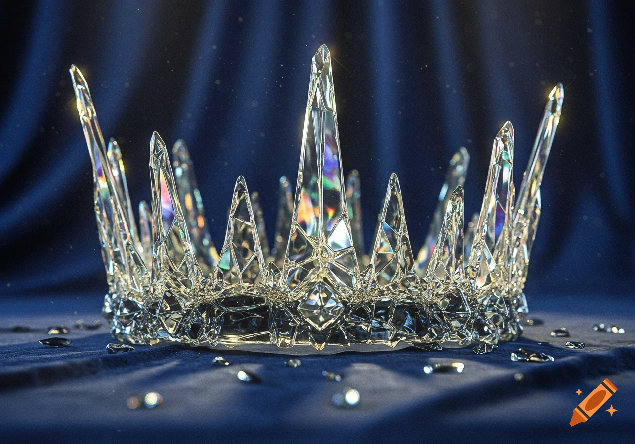 A photorealistic close-up of a crown made from sharp, reflective broken glass shards, resting on a deep blue velvet surface.