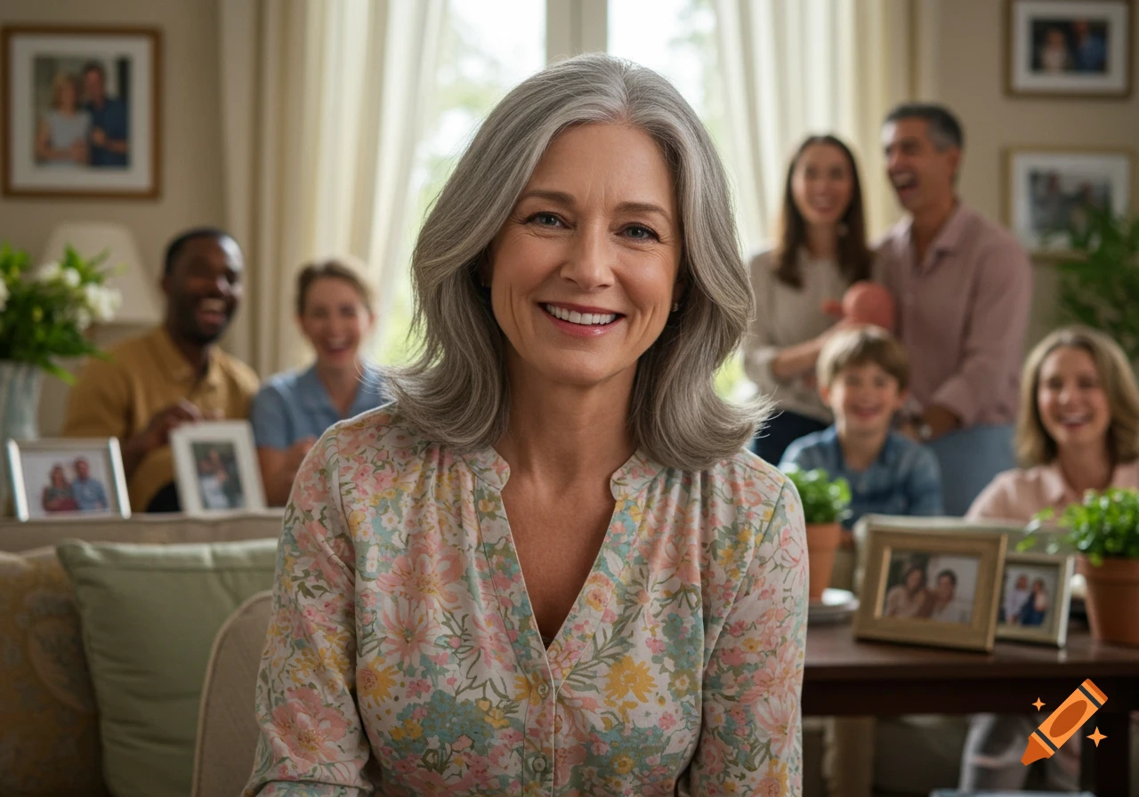A smiling older woman with gray hair in a floral shirt, with a blurred family and framed photos in the background of a living room.