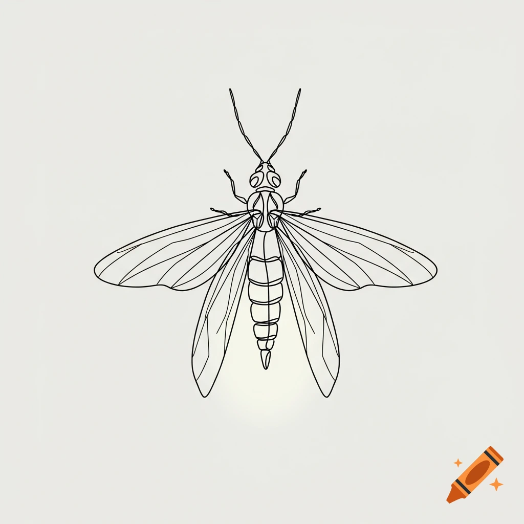 Minimalistic line drawing of a firefly with a subtle glow at its tail, centered on a light background.