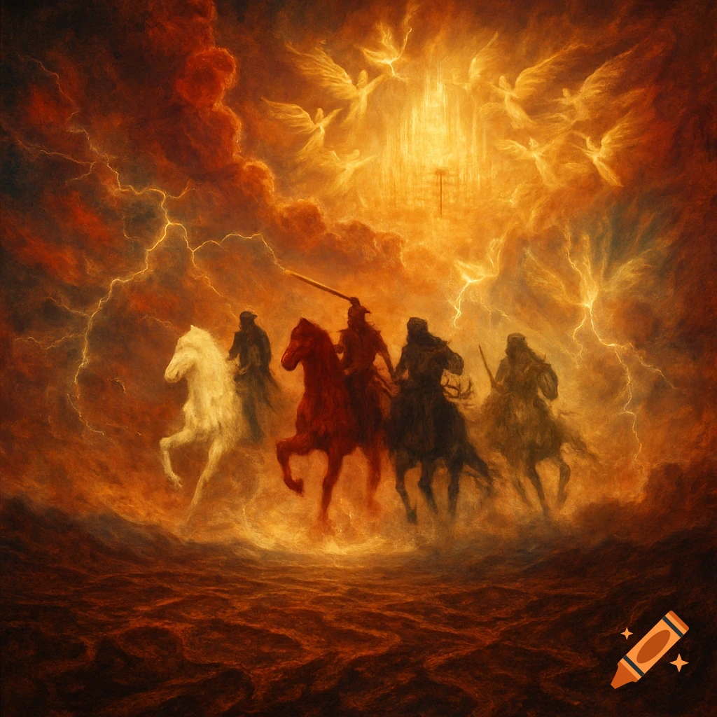 Four horsemen ride through a fiery, stormy landscape beneath an ethereal sky filled with angels and golden light, in a dramatic painterly style.