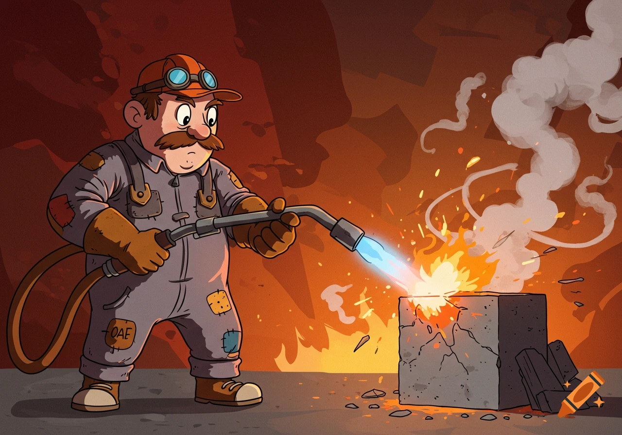 Cartoon worker in goggles and overalls uses a blue-flame torch to burn a cracking concrete block, with smoke and sparks.
