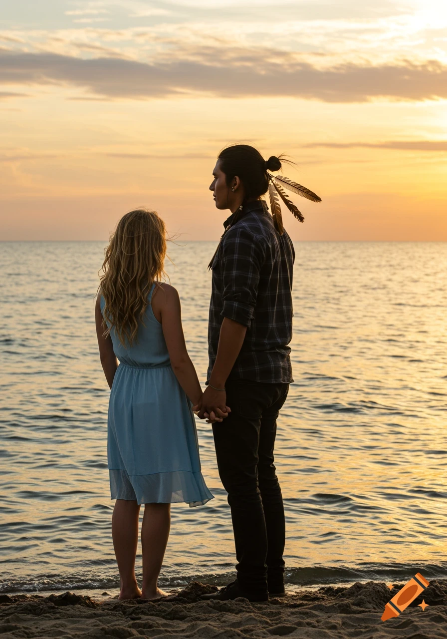 A young man and woman holding hands on a beach at sunset, looking out at the ocean. The man has feathers in his hair. Photorealistic.