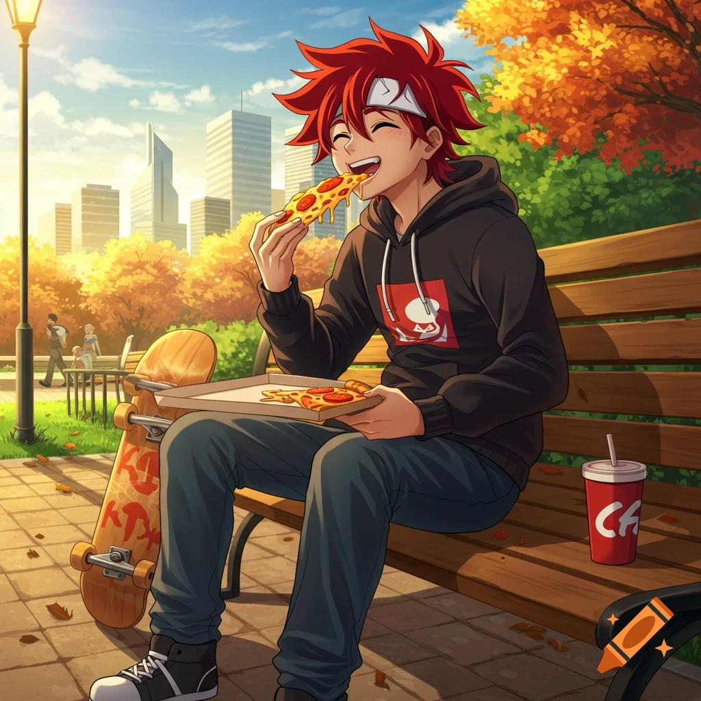 An anime boy with red hair, Reki, happily eats a slice of pizza on a park bench next to his skateboard, with city buildings in the background.