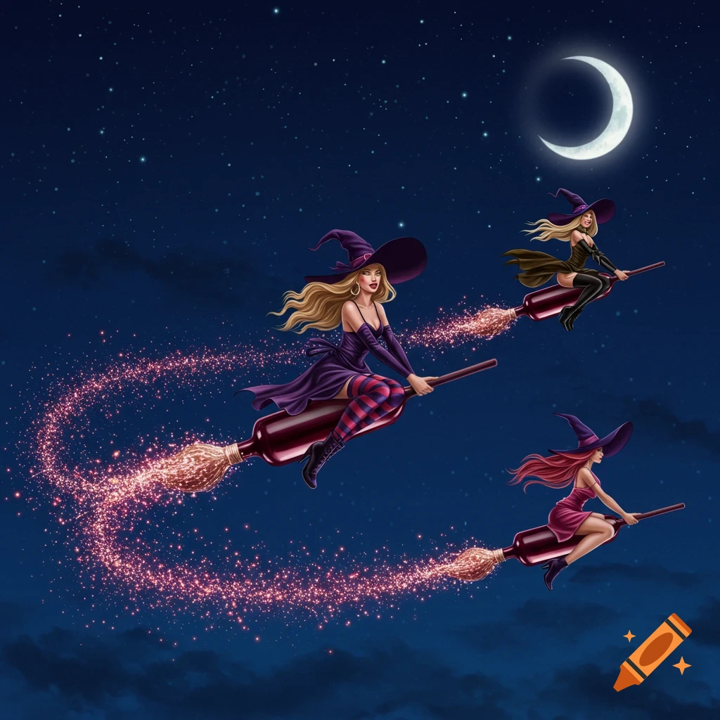 Three modern witches fly through a starry night sky on wine bottles with sparkly trails, crescent moon above.