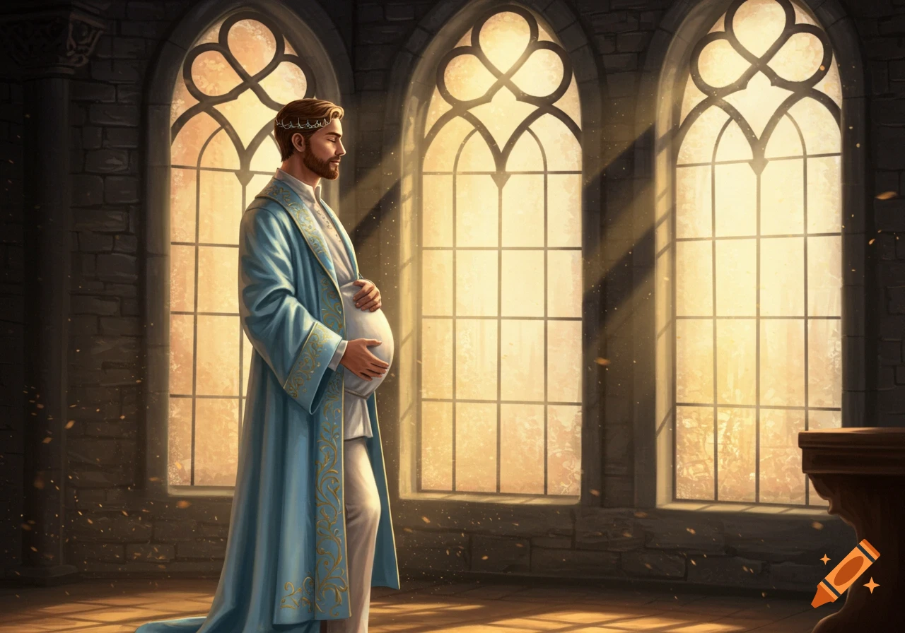 A pregnant man in a light blue medieval royal robe stands contemplatively in a sunlit cathedral, holding his belly.