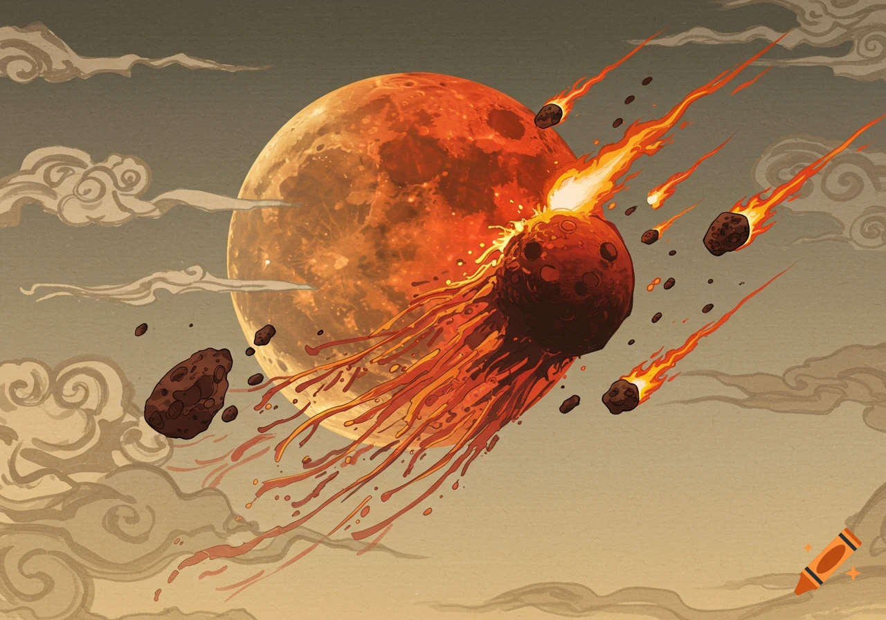 A stylized blood moon in a cloudy sky with a large asteroid crashing into it, bleeding lava-like material, and smaller flaming asteroids nearby, in an old Japanese art style.