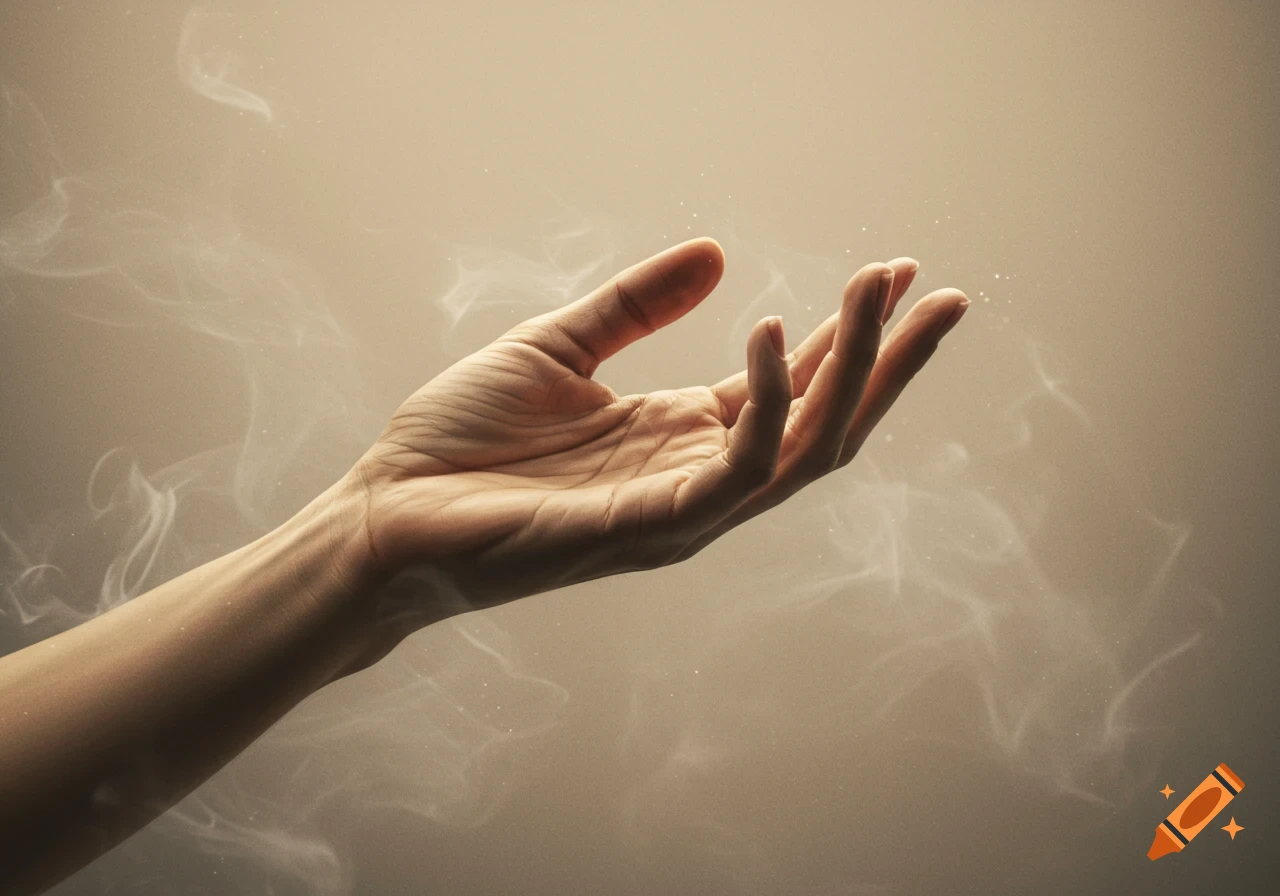 A human hand extends upwards, surrounded by ethereal white smoke or light with sparkling particles against a warm, gradient background.