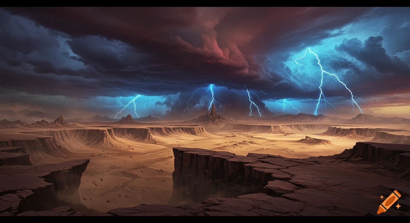 A dramatic fantasy landscape with vast desert plains, mesas, and canyons under a dark, stormy sky with bright blue lightning bolts striking down.