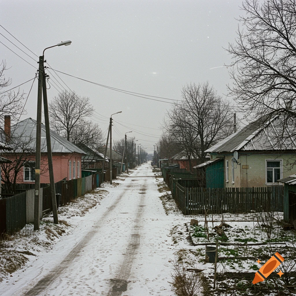 A snow-covered village street with houses and bare trees under a cloudy sky, captured in a 1970s photo style.