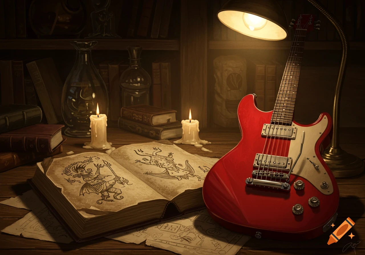 A detailed drawing of an open book with demon illustrations, candles, and a red electric guitar on a wooden table, lit by a desk lamp.