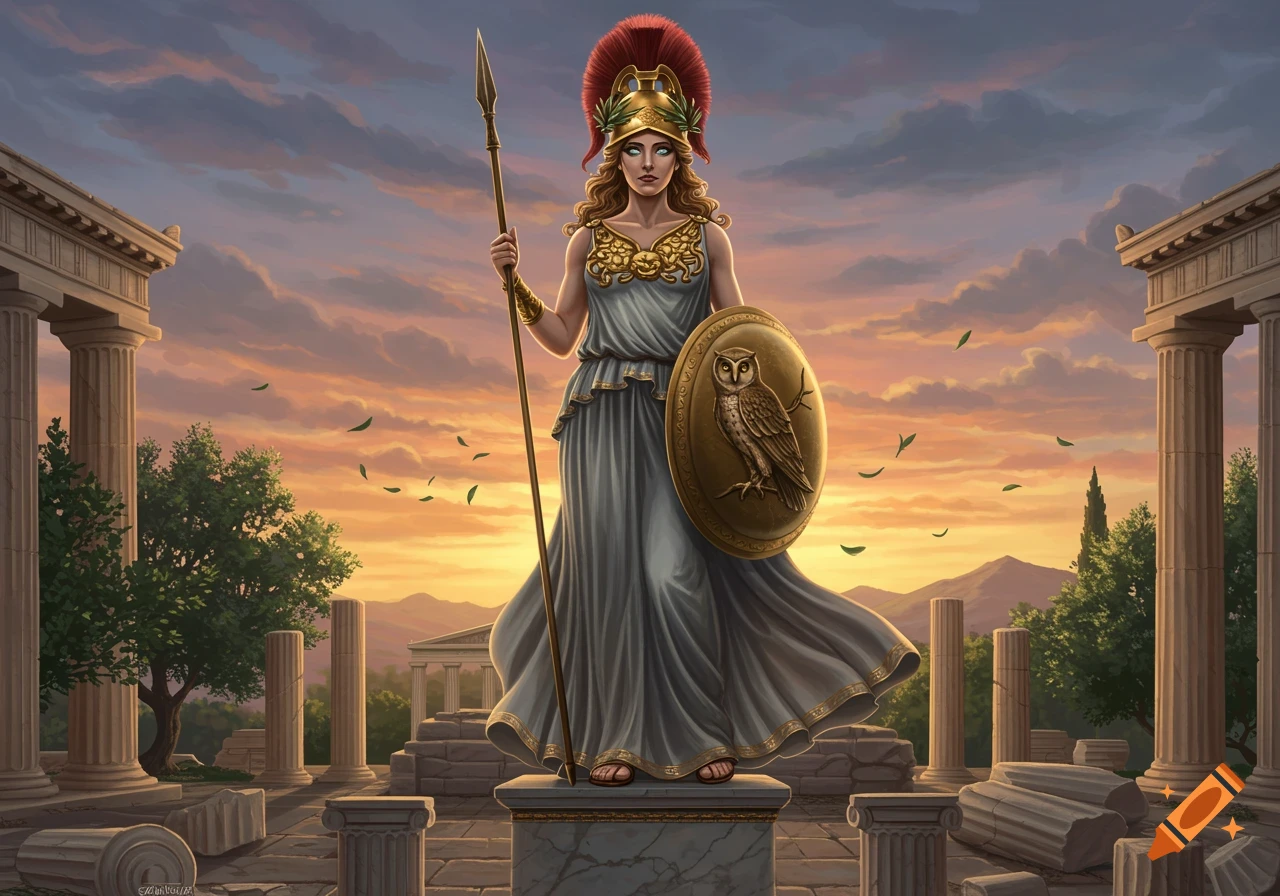 An illustration of the goddess Athena in a helmet and dress, holding a spear and an owl shield, standing among ancient Greek ruins at sunset.