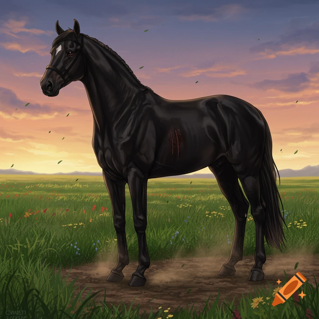 A black horse with a white blaze and small scratches on its side stands in a green field with wildflowers under a colorful sunset sky.