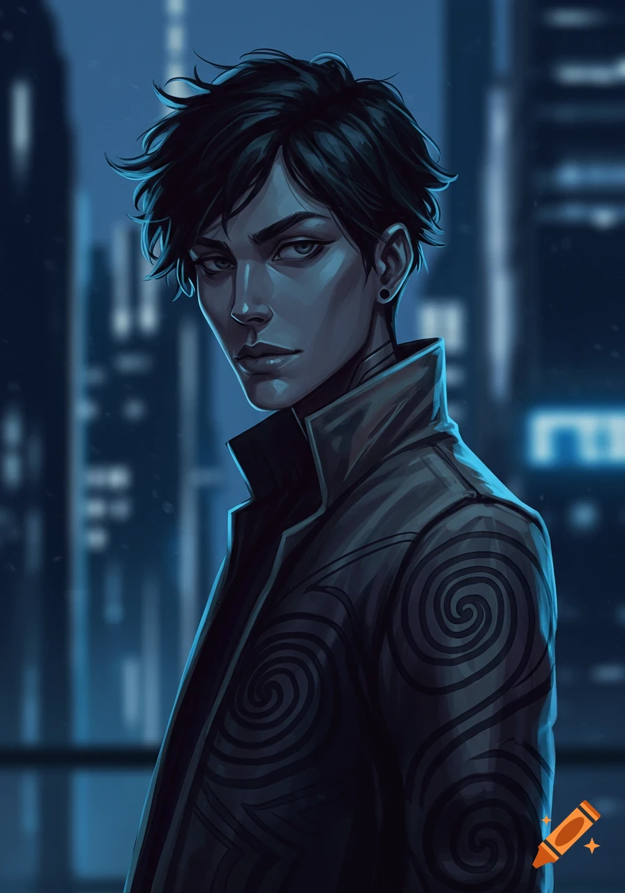 Stylized digital art portrait of a character with dark hair and a patterned coat, standing against a blurred blue city at night.