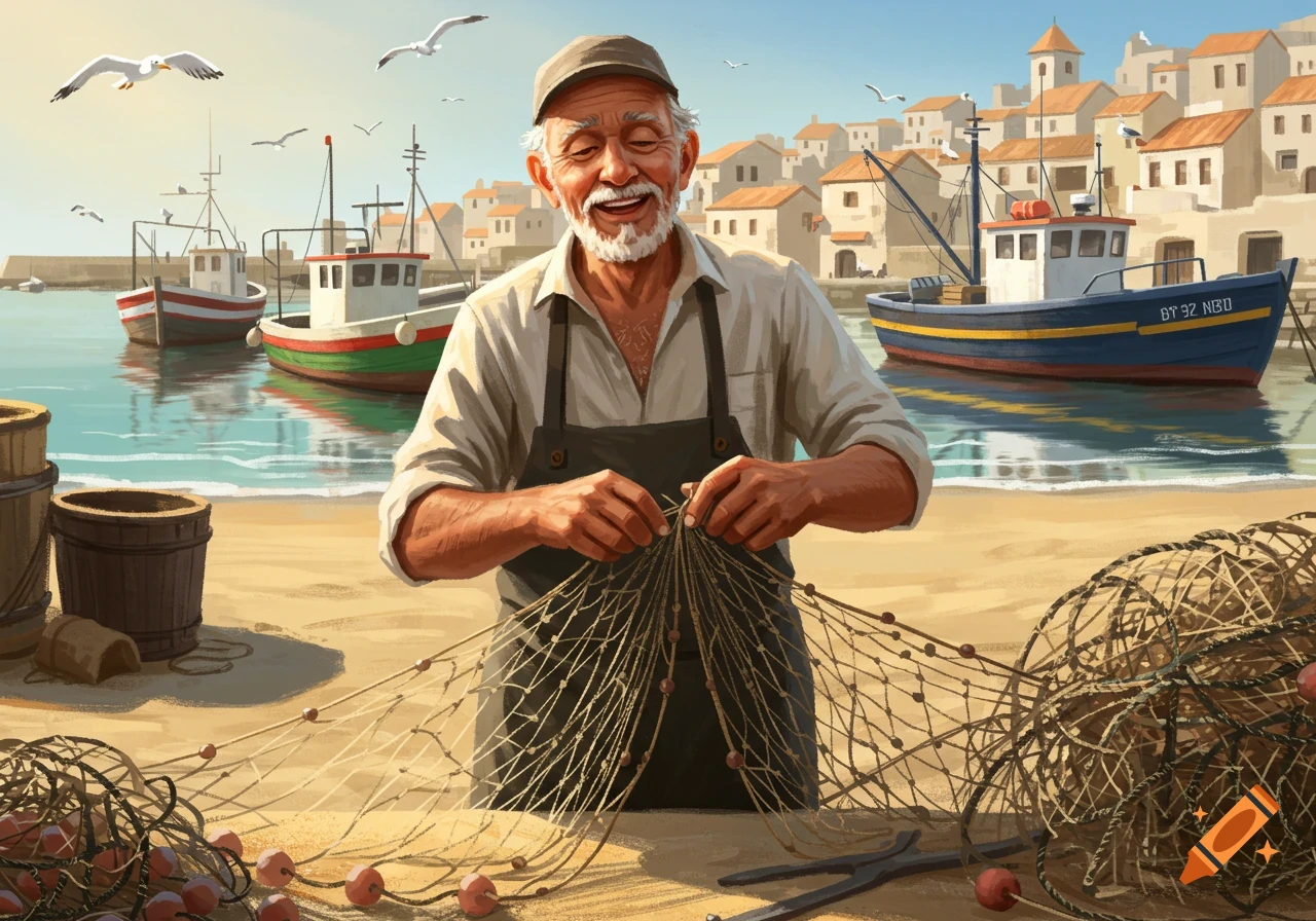 An old fisherman happily repairs a fishing net on a sandy beach. Fishing boats are docked in the background near coastal buildings.