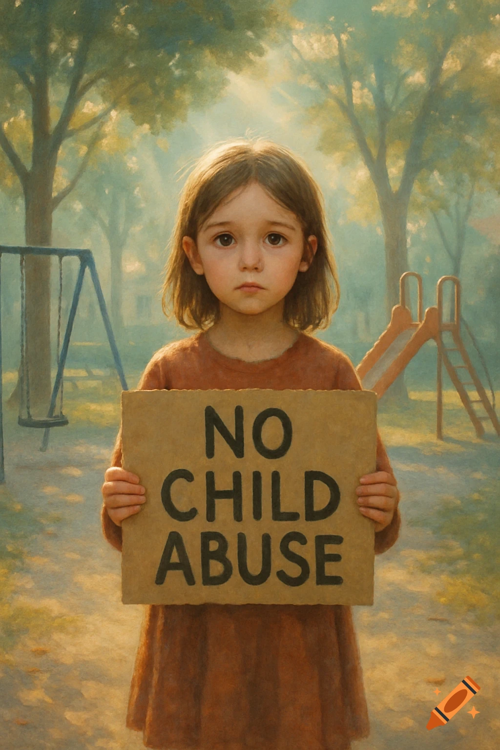 A young girl with a serious expression holds a cardboard sign that reads "NO CHILD ABUSE" in a sunny, painterly park setting.