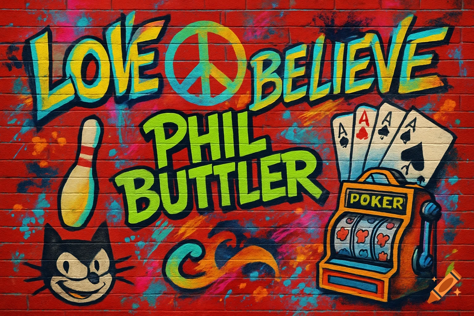 Colorful graffiti on a red brick wall with words 'LOVE BELIEVE PHIL BUTTLER POKER', a peace sign, bowling pin, cat head, and a slot machine with playing cards.