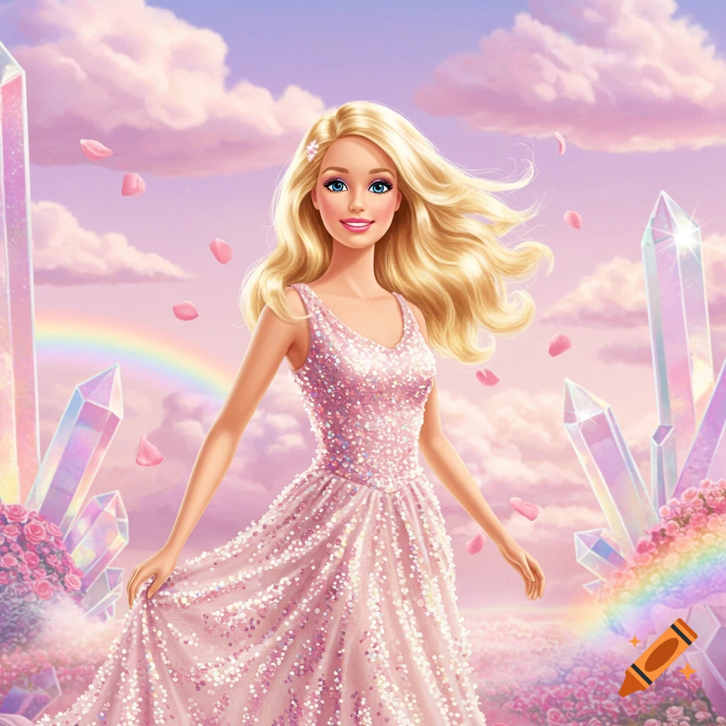 Barbie doll in a sparkling pink gown, with blonde hair flowing, standing in a dreamy pink landscape with crystals, flowers, and a rainbow.