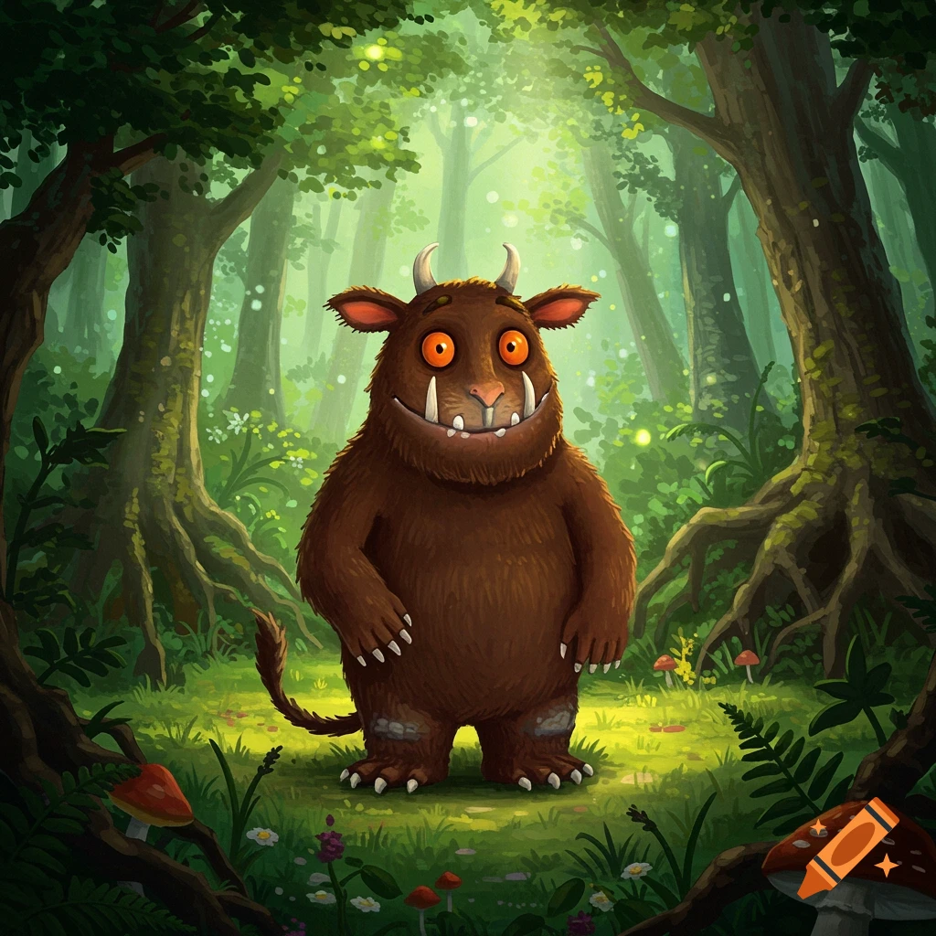 A brown, horned monster with orange eyes and fangs stands in a brightly lit, green forest in a children's book illustration style.