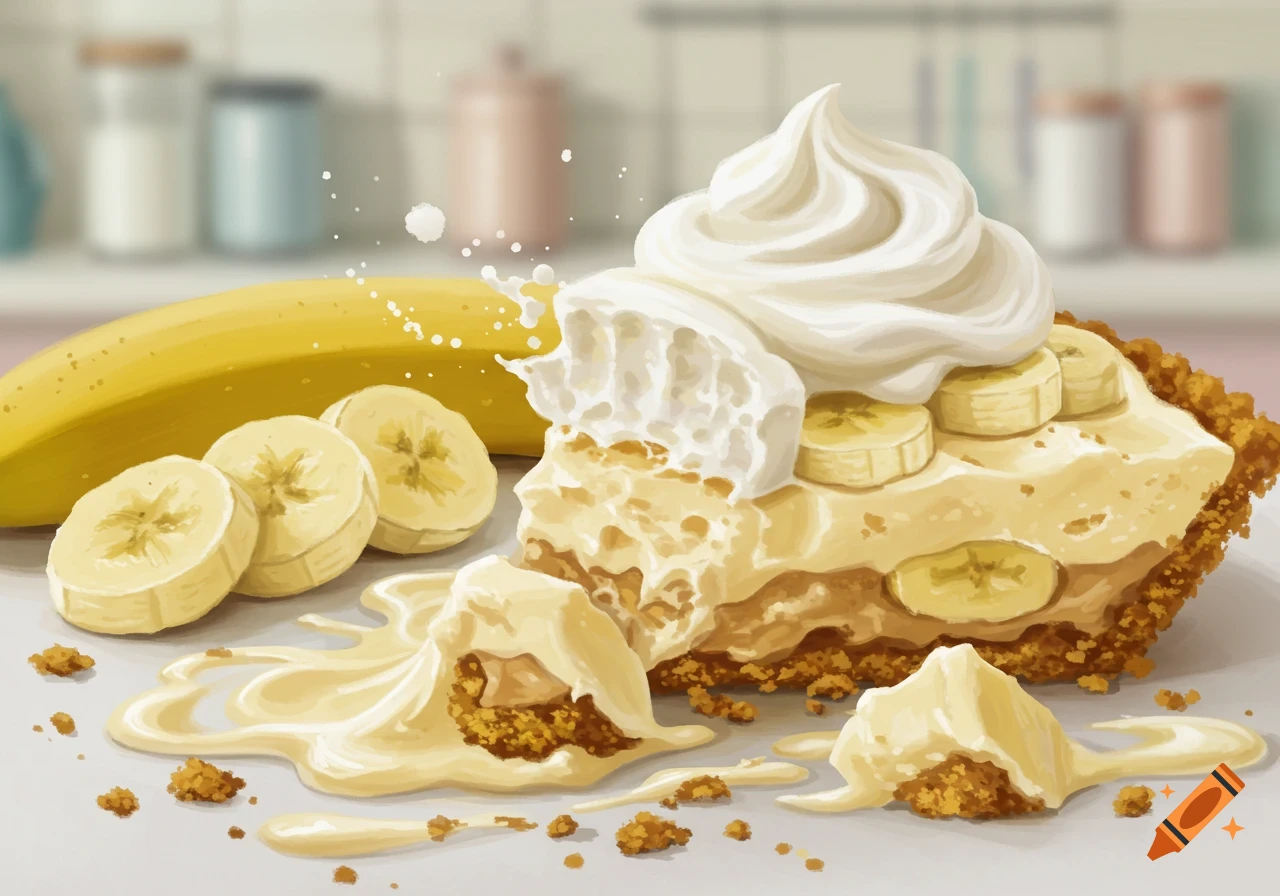 Painterly illustration of a ruined slice of banana cream pie with whipped cream, banana slices, and a whole banana in the background.