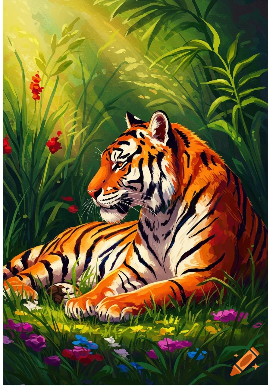 A vibrant fauvism drawing of a tiger resting in a sunlit jungle with lush green plants and colorful flowers.
