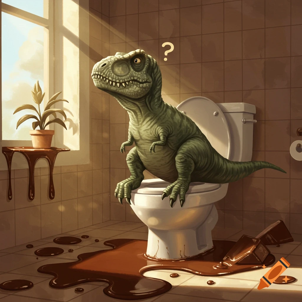A confused cartoon dinosaur sits on a toilet with melted chocolate on the floor.